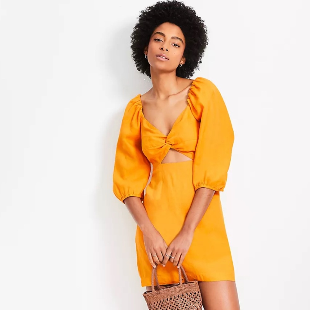 LOFT Beach Linen Mustard Cutout Mini Pocket Dress Size S